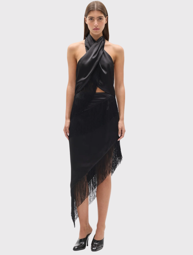 Black Fay Skirt featuring an asymmetric silhouette, layered fringe trim, and a fitted waistband with diagonal detailing.
