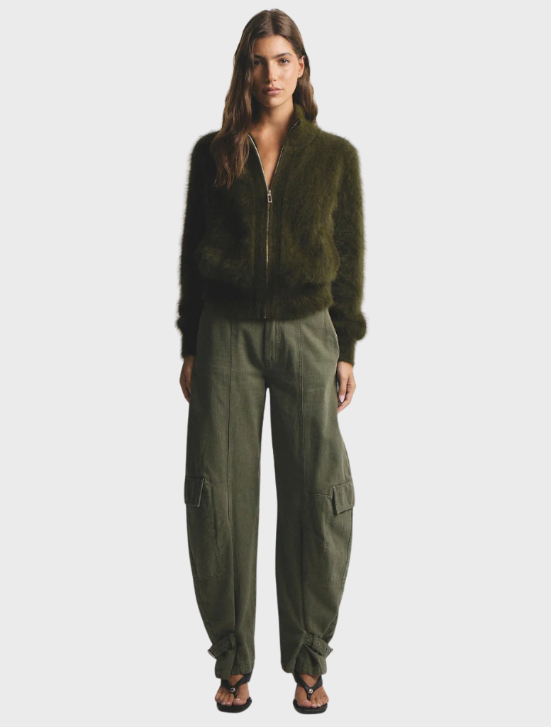 Cashmere bomber jacket in moss green, featuring a zip-up front and ribbed cuffs for a stylish, comfortable fit.