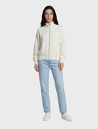 Felix zip-up cashmere bomber jacket in snow color, featuring a sleek design and soft texture for a stylish winter look.
