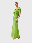 Elegant Ferngreen gown with cowl neckline, fitted waist, and draped back detail, perfect for formal occasions.
