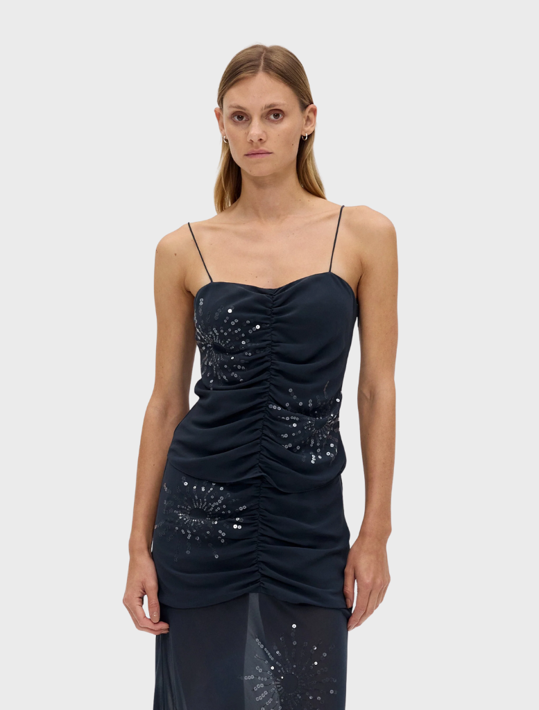 Smoke-colored Flicker Gathered Cami featuring a gathered design and adjustable straps for a stylish, comfortable fit.