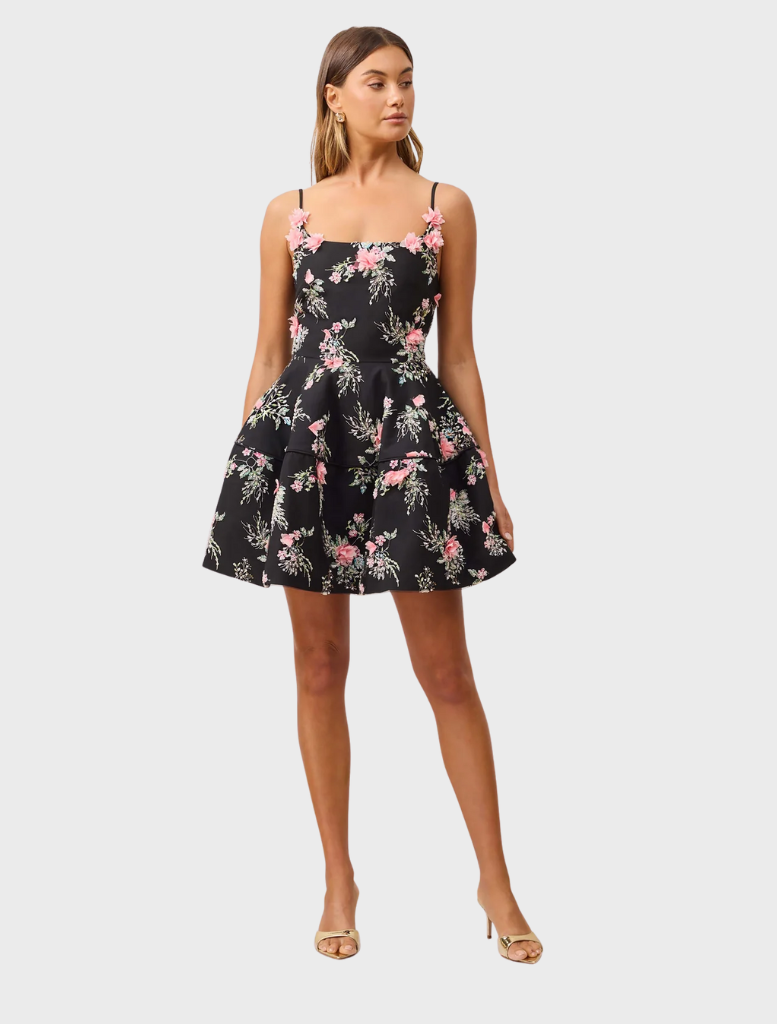 Gaia Floral Mini Dress in black, adorned with colorful flowers, ideal for a trendy and playful outfit.