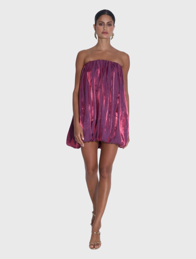 Flute Mini dress in Imperial Shimmer, strapless with gathered neckline, bubble hem, and relaxed mini length for an elegant look.
