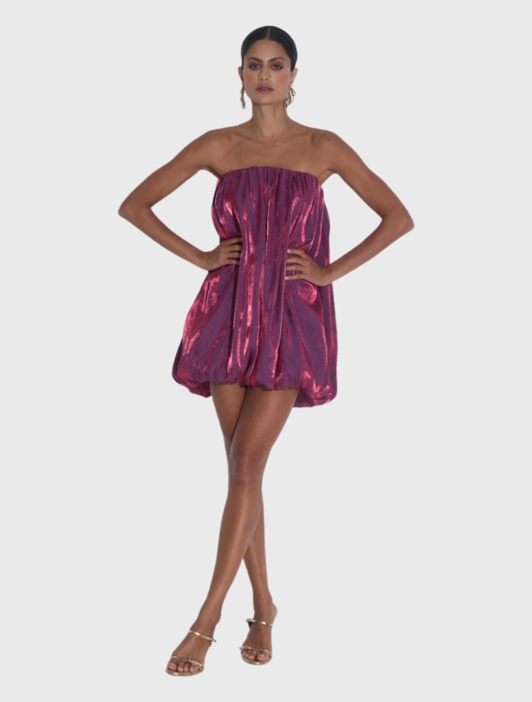 Flute Mini dress in Imperial Shimmer, strapless with gathered neckline, bubble hem, and mini length for a relaxed, elegant look.