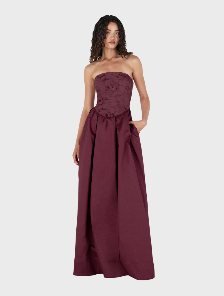 Portia Maxi Dress in Mulberry, featuring a flowing silhouette and elegant design, perfect for formal or casual occasions.