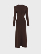 Elegant chocolate Windsor midi dress featuring a fitted top and a flowing skirt, ideal for formal events.