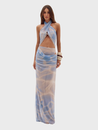 Long patterned dress featuring a vibrant floral design, perfect for casual or formal occasions.