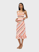 Feminine blush stripe midi skirt adorned with frills, offering a contemporary and elegant appearance.