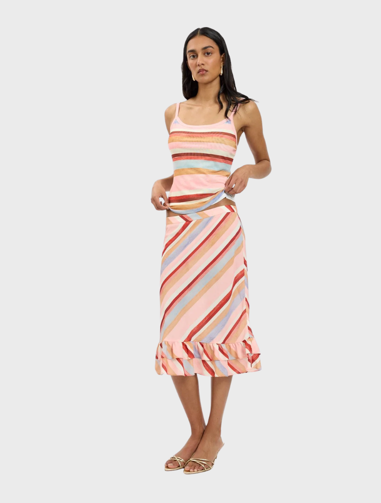 Feminine blush stripe midi skirt adorned with frills, offering a contemporary and elegant appearance.