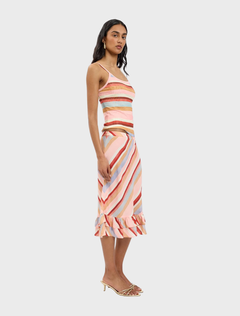 Frill midi skirt in blush stripes, combining comfort and style for a fashionable look.