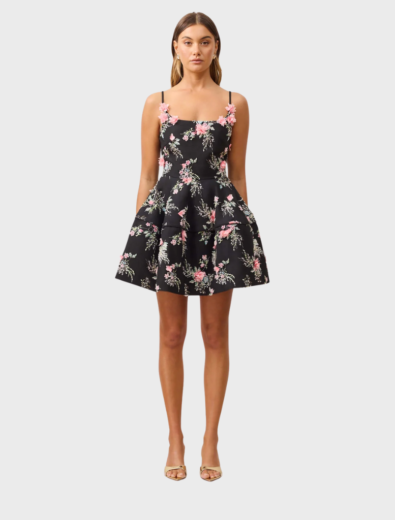 Black Gaia Floral Mini Dress featuring a vibrant floral pattern and a flattering silhouette for a stylish look.