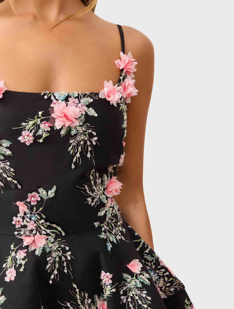 Black Gaia Floral Mini Dress featuring a floral pattern and a fitted silhouette, perfect for casual or semi-formal occasions.