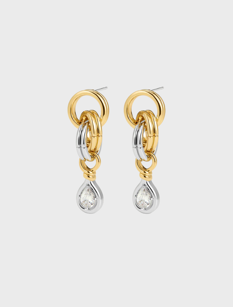 Two-tone gold and white diamond drop earrings, featuring a twisted design, named The Georgia Stone Twisted Studs - Gold.
