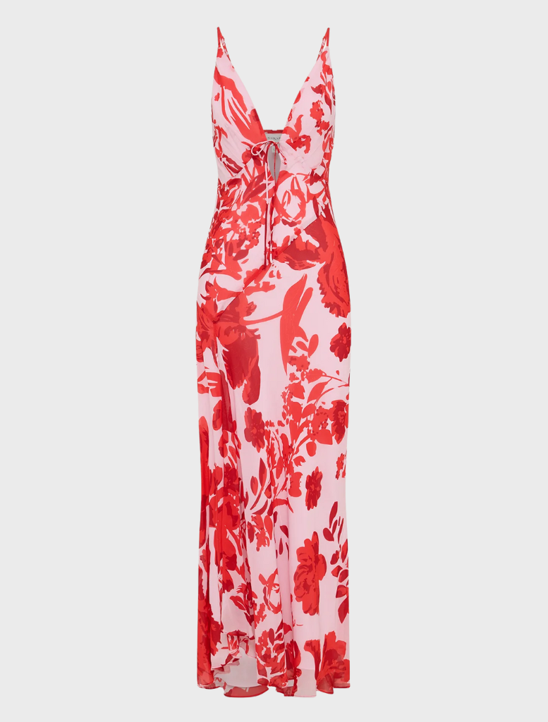 Aleyna Plunged Maxi Dress in vibrant geranium red, showcasing a deep neckline and a graceful, floor-length style.