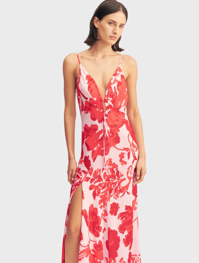 Elegant geranium red Aleyna Plunged Maxi Dress with a plunging neckline and a long, flowing design for special events.
