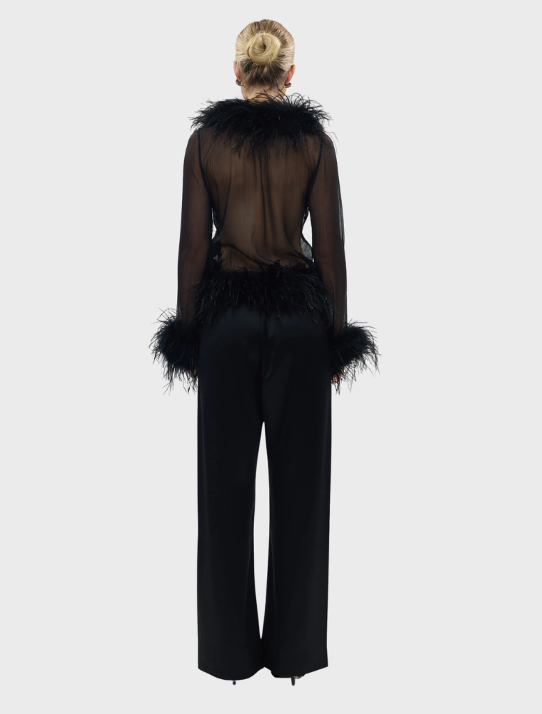 Black Gigi Feather Blouse showcasing intricate feather embellishments, designed for a chic and fashionable appearance.