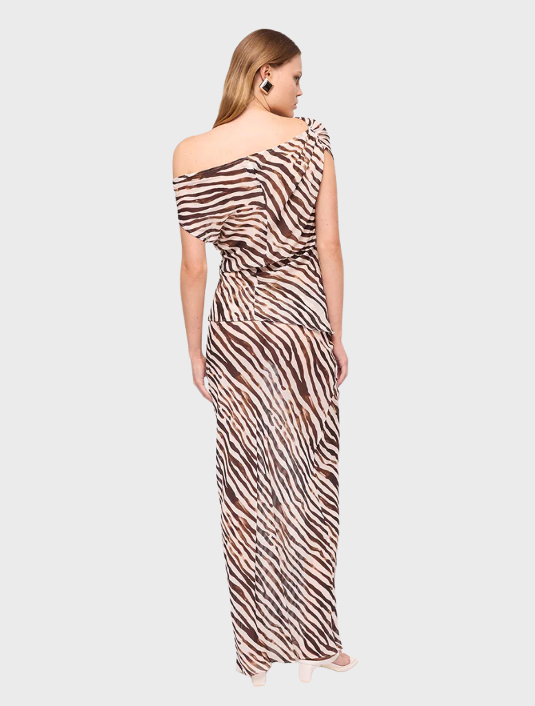 Gigi Zebra Drape Top showcasing a chic zebra animal print style.