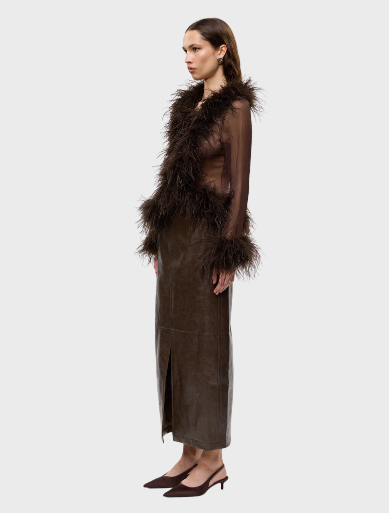 Sheer chocolate blouse with feather detailing, featuring a delicate and elegant design suitable for various occasions.