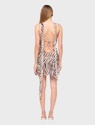 Stylish mini dress with a zebra animal print, designed with a scarf-like feature for added flair.