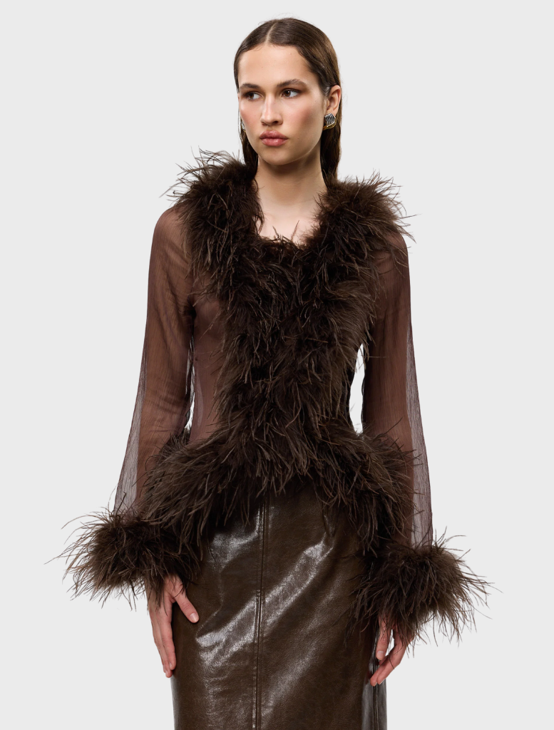 Sheer chocolate blouse with feather detailing, featuring a delicate and elegant design suitable for various occasions.