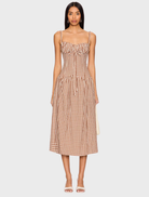 Brown gingham midi dress with a fitted bodice and flared skirt, perfect for casual or semi-formal occasions.