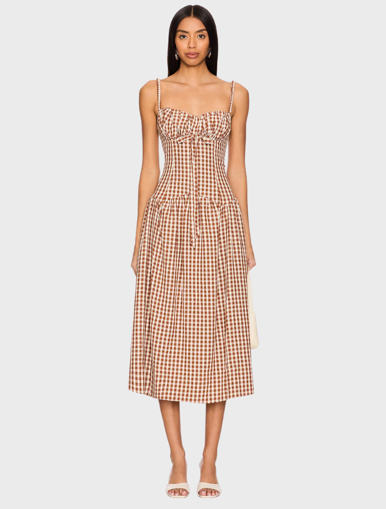 Brown gingham midi dress with a fitted bodice and flared skirt, perfect for casual or semi-formal occasions.