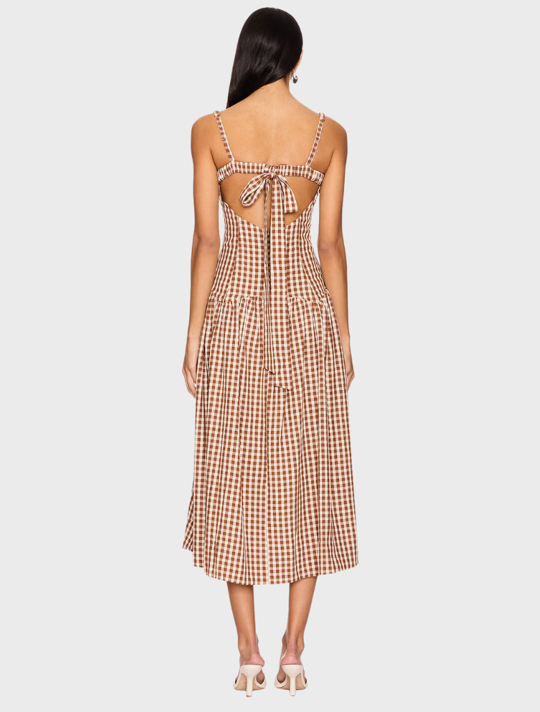 Stylish brown gingham midi dress with a flattering silhouette, ideal for both everyday wear and special events.