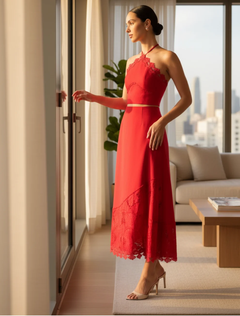 Elegant red Giovanna Set includes a halter neck top with lace accents and a coordinating maxi skirt with lace trim.