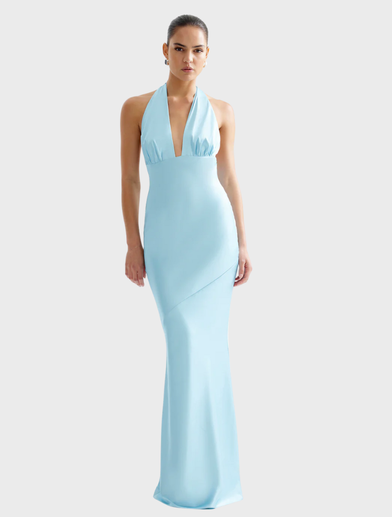 Elegant Novia Dress in a soft Glacier hue, showcasing a graceful fit and stylish design for special events.
