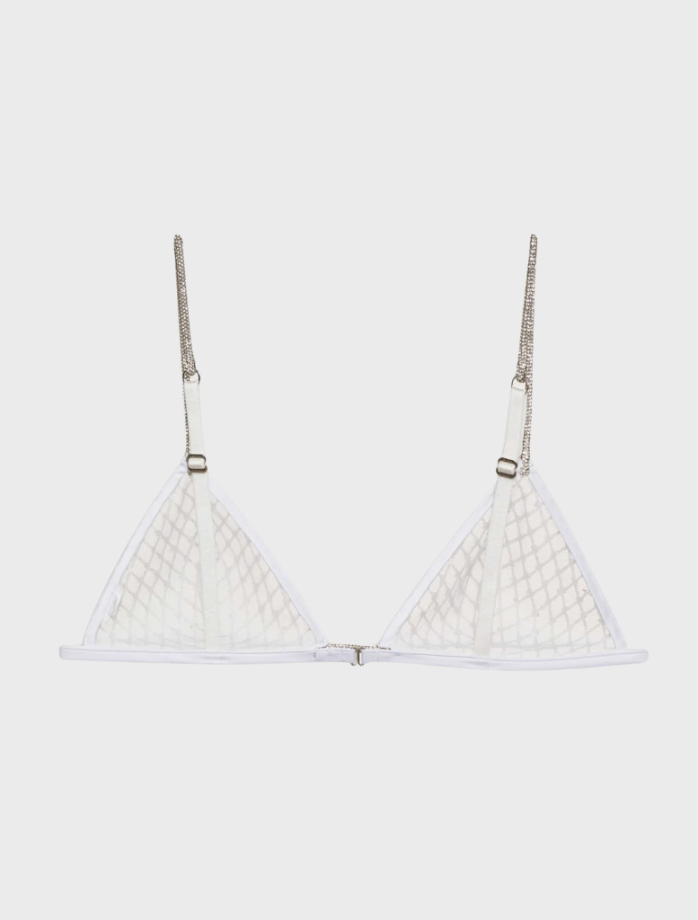 White bralette embellished with glitter, offering a chic and radiant fashion statement.