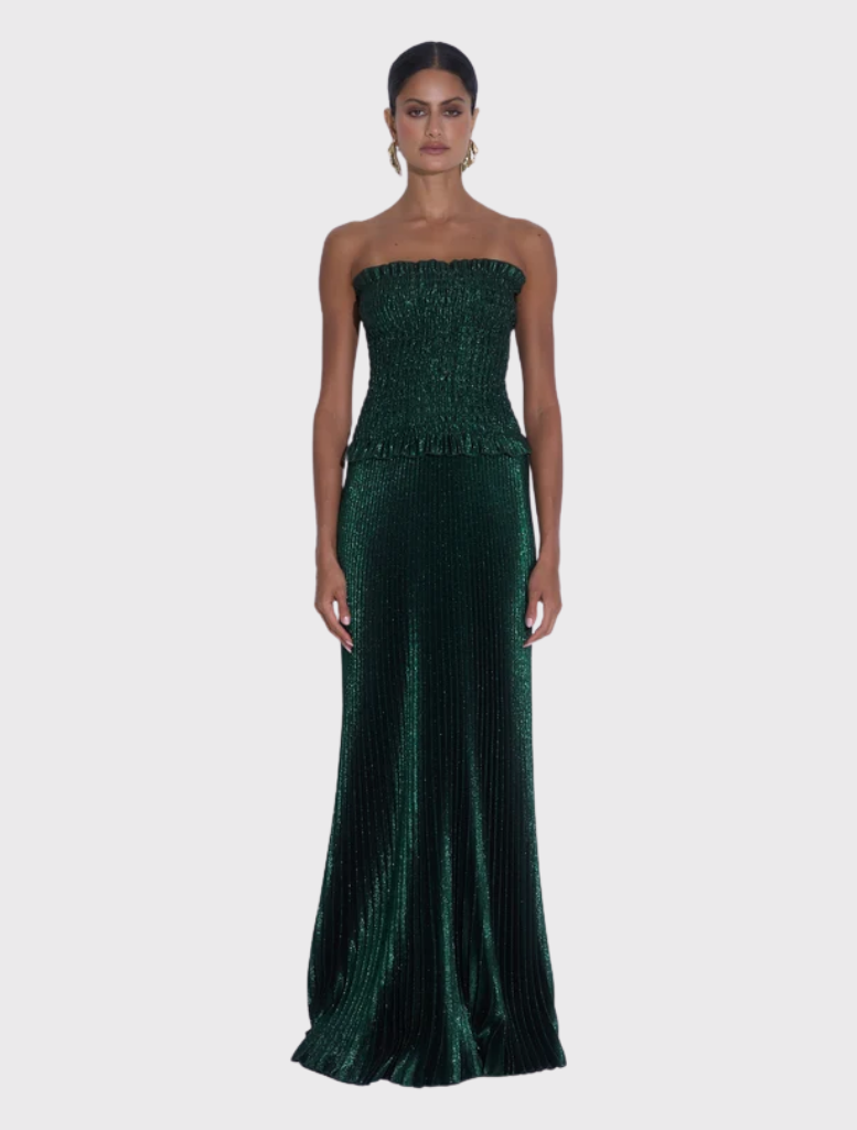 Stunning strapless Maya Gown with a ruched bodice and full-length pleated skirt, designed for elegance at formal events.