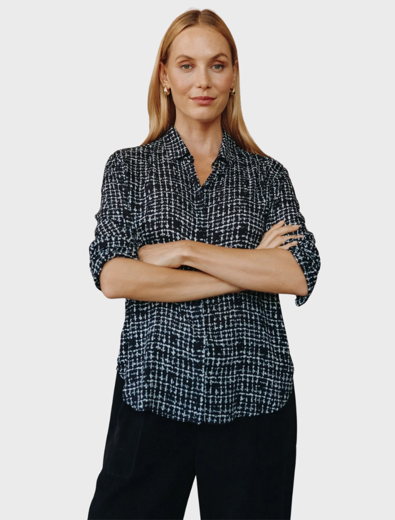 Front view of a hipster shirt with a grid print, showcasing a contemporary and clean design.