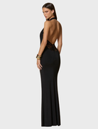 Elegant black gown by Rhianna Halter, featuring a sleek design and sophisticated silhouette.