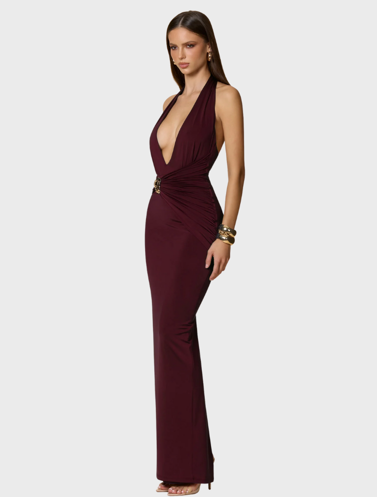 Stylish Portia Halter Maxi in rich wine hue, showcasing a flattering fit and elegant halter neckline for special events.