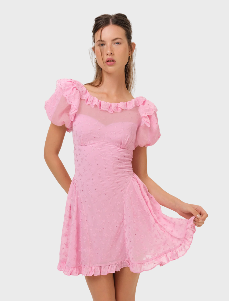 Pink Hamptons eyelet mini dress featuring intricate lace detailing and a flared skirt design.