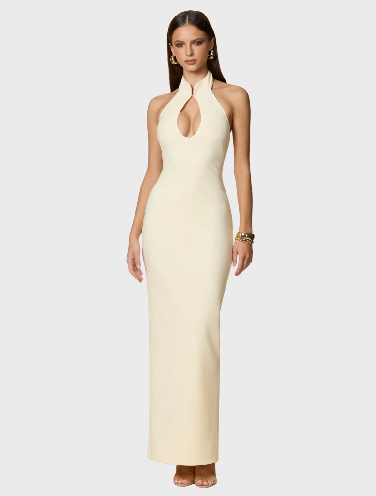 Harmony Maxi dress in pale lemon, featuring a flowing design and elegant silhouette, perfect for warm weather occasions.