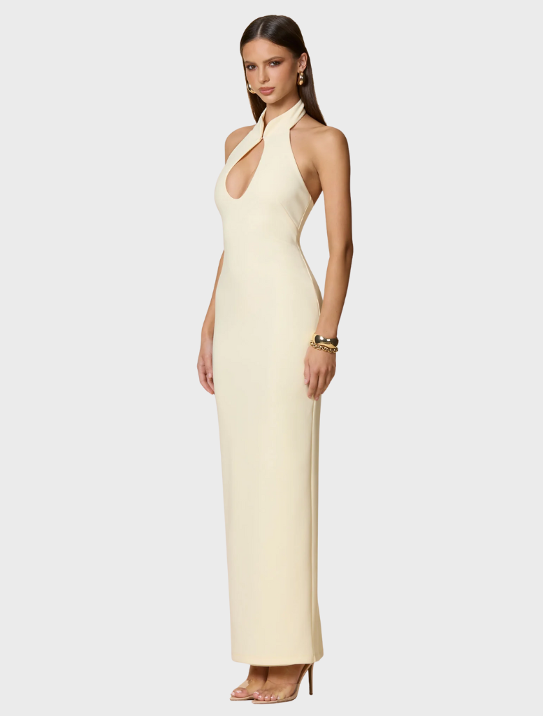 Pale lemon Harmony Maxi dress, showcasing a soft, flowing fabric ideal for summer events and casual outings.