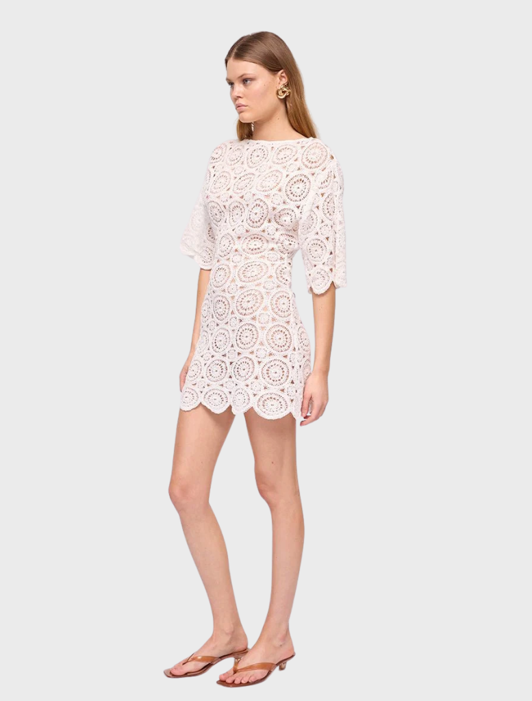 Elegant ivory mini dress made of crochet, showcasing a stylish design with short sleeves, ideal for casual or semi-formal events.
