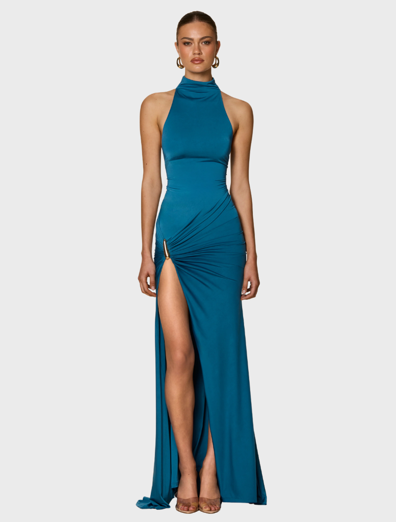 Elegant Helena Gown in Ocean color, featuring a flowing silhouette and delicate fabric for a sophisticated look.