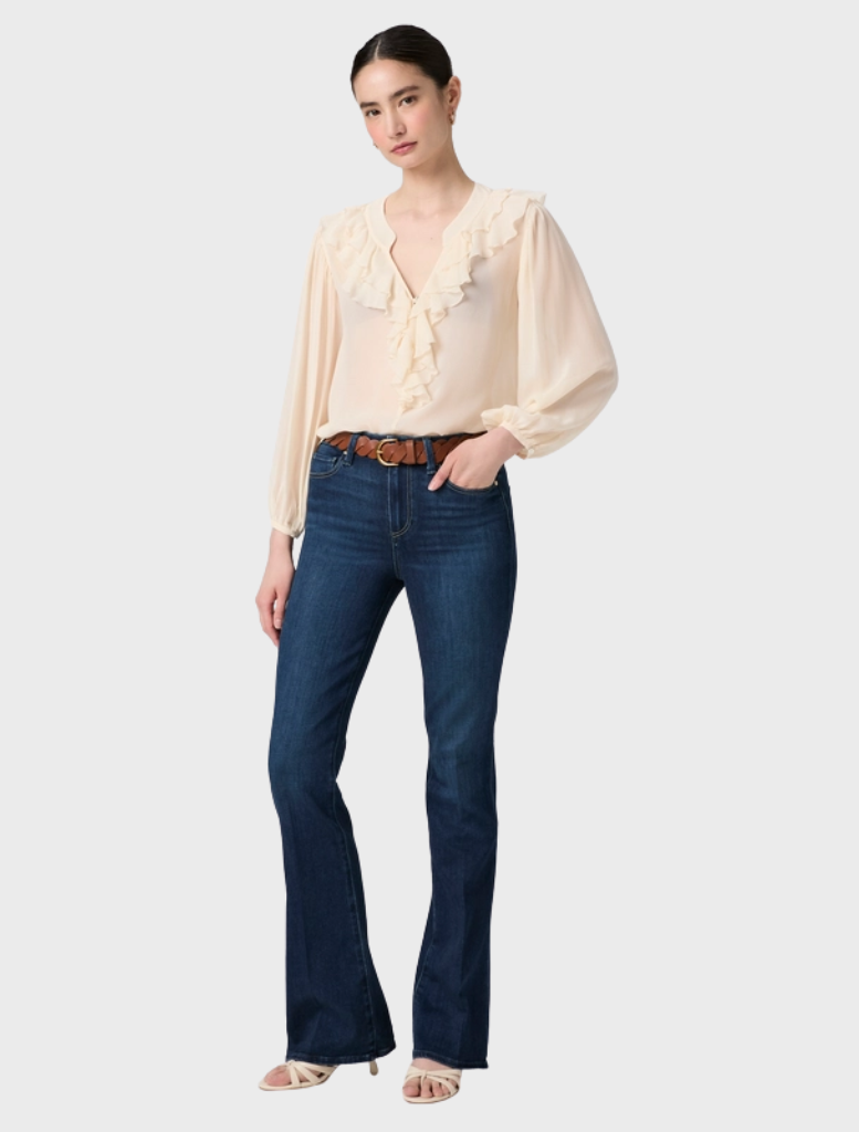  High Rise Laurel Canyon 32" jeans in dark wash, featuring a bootcut silhouette made from comfortable TRANSCEND VINTAGE denim.