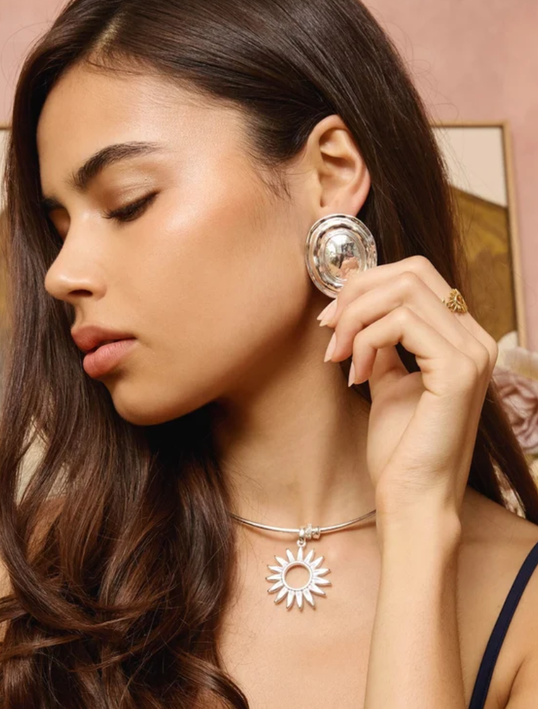 Hand-hammered silver earrings, 4.5cm drop, lightweight and hollow, designed with omega backing for comfortable wear.