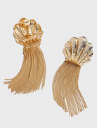 Gold earrings featuring playful fringe, 3cm drop, 9cm length, hypoallergenic design, and secure backing for pierced ears.