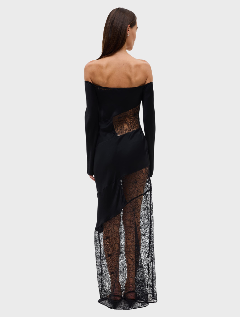 Ink-colored off-shoulder dress with a sleek design, combining sophistication and comfort for special occasions.