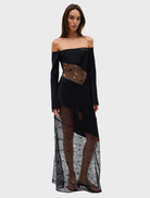 Off-shoulder dress in ink color, featuring a fitted bodice and flowing skirt, ideal for formal occasions.