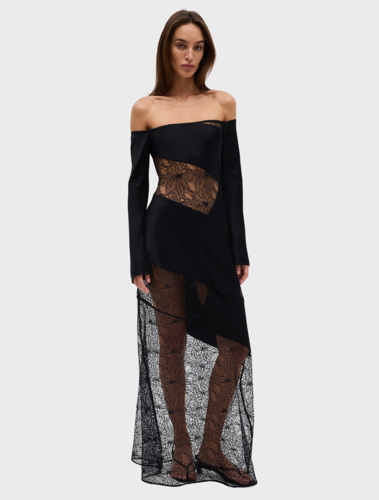 Off-shoulder dress in ink color, featuring a fitted bodice and flowing skirt, ideal for formal occasions.