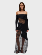 Elegant off-shoulder dress in ink color, featuring a fitted bodice and flowing skirt, perfect for formal occasions.