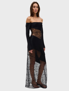 Elegant ink off-shoulder dress with a fitted top and a graceful skirt, perfect for evening events.