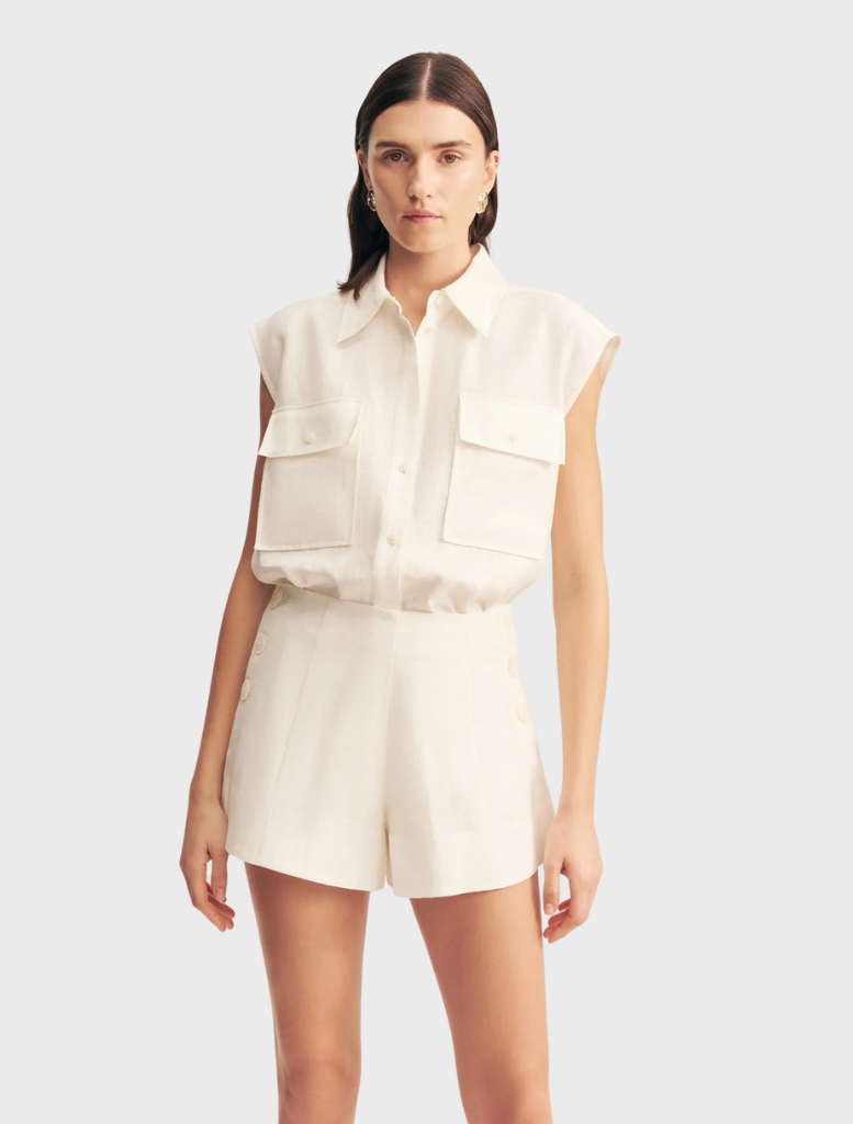 Eellington button-up short in ivory, showcasing a stylish and versatile design for various outfits.