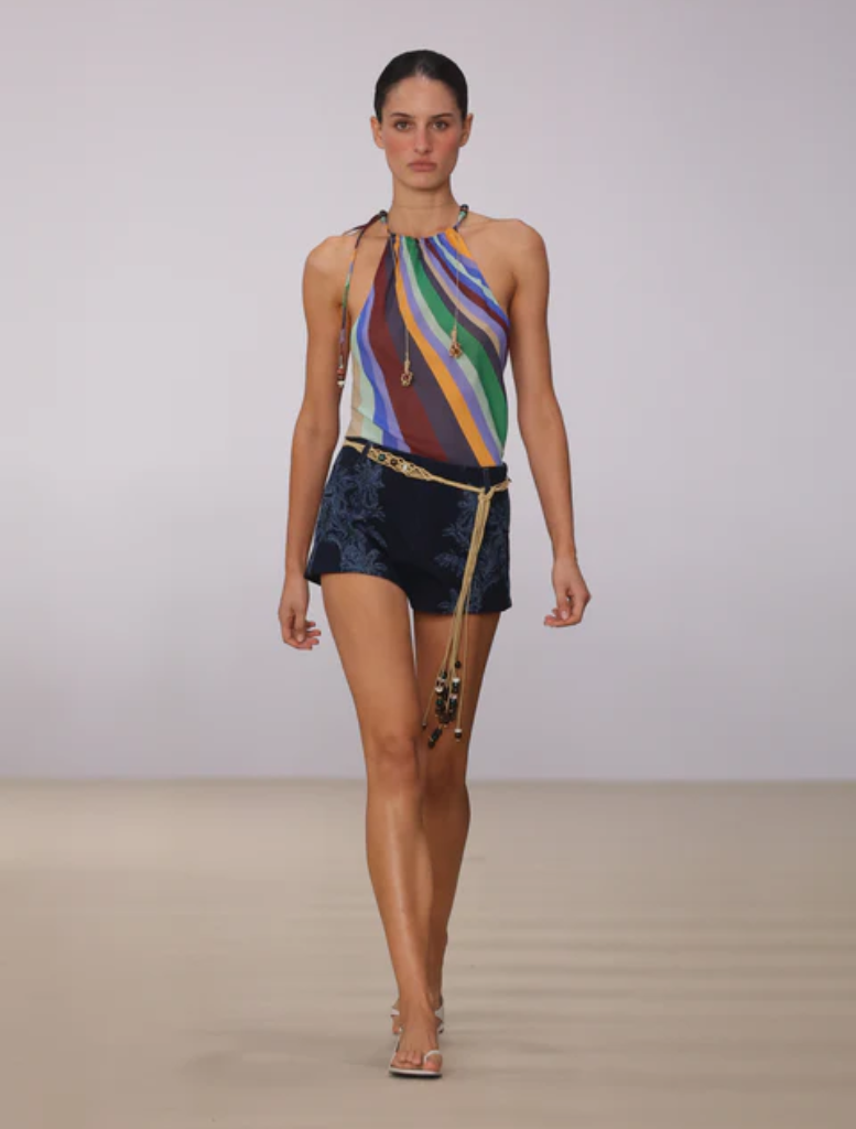 Jacques Denim Shortie in Tropicana Denim, designed with a lively tropical color ideal for casual summer fashion.