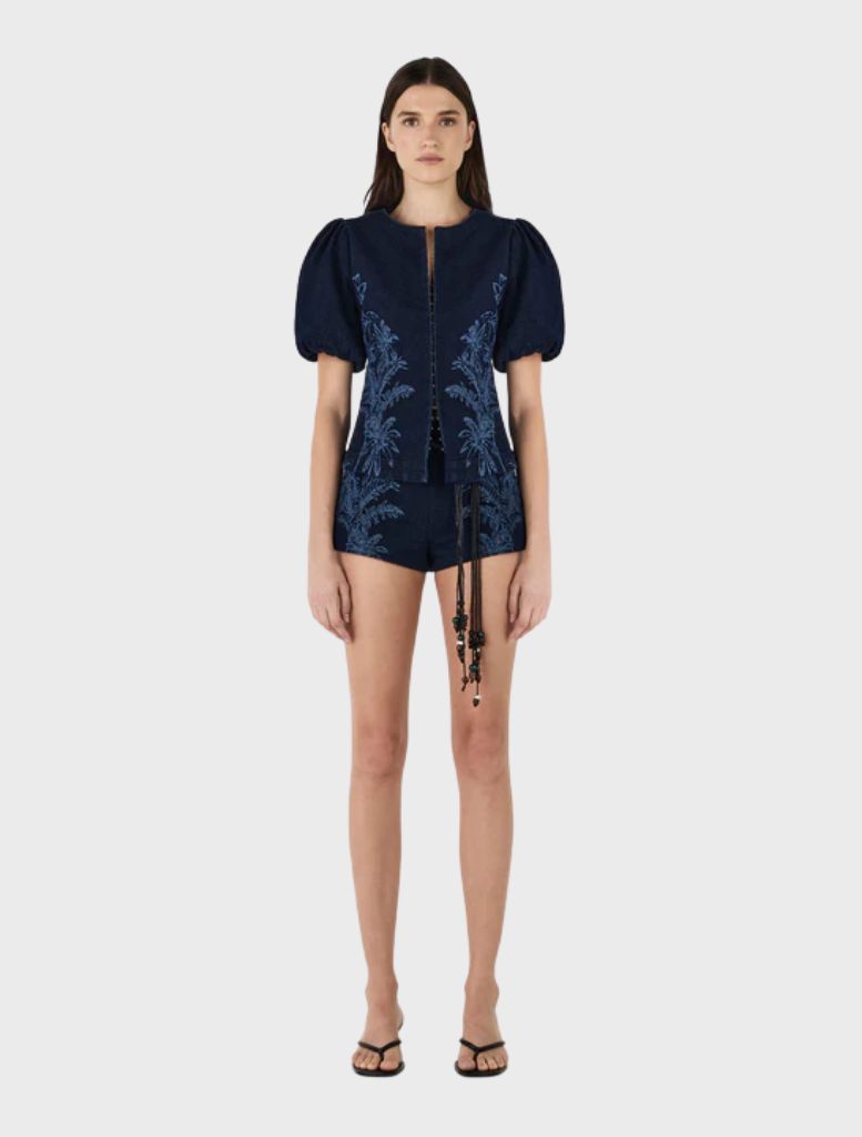 Jacques Denim Shortie in Tropicana Denim, showcasing a bright, tropical hue perfect for warm-weather outfits.